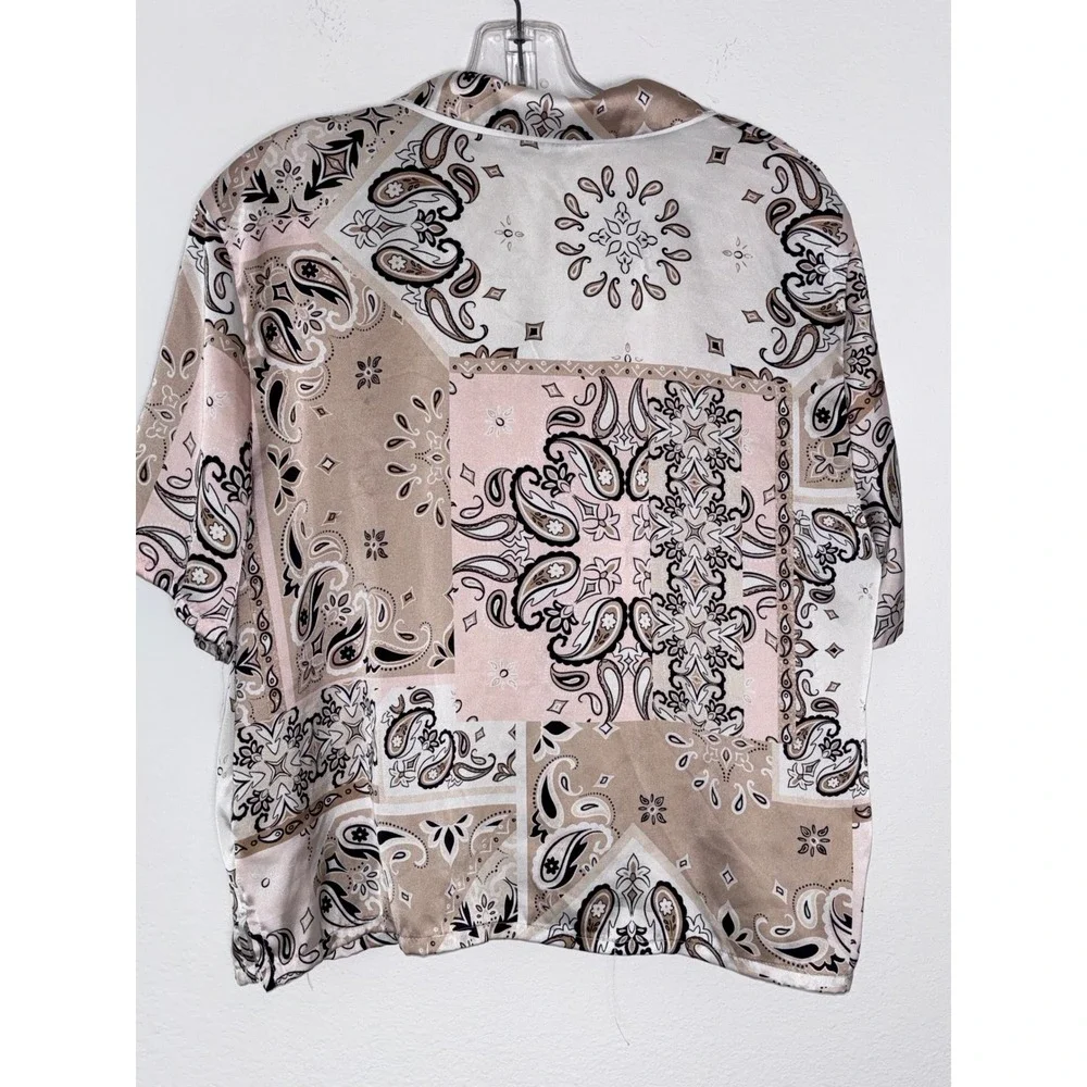 Como Sleep Mens Satin Pajama Set Medium Tan Pink Paisley‎ Bandana Print 2pc PJ